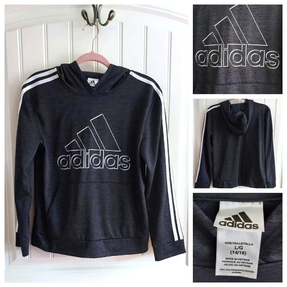Adidas Hoodie Boy's Large (14/16)‎ Black Classic Logo Graphic Print Activewear